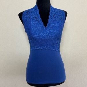 Zenana Outfitters top women small lace halter vneck blue